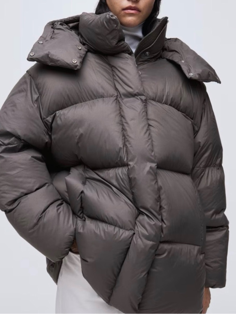 H&M Dark Khaki Down/Feather Puff Coat Oversized Sz Small side pockets 2 way zip